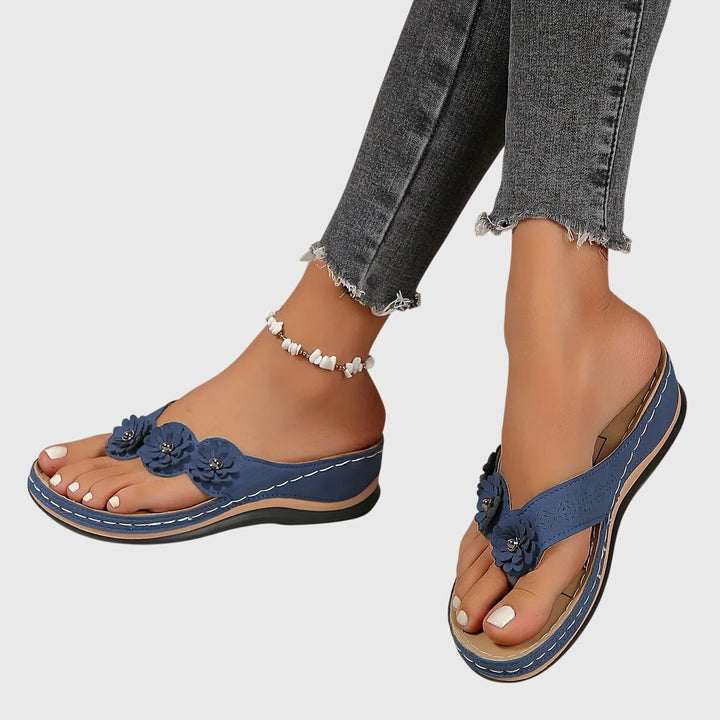 Lena | Flower Detail Toe Post Wedge Flip Flops