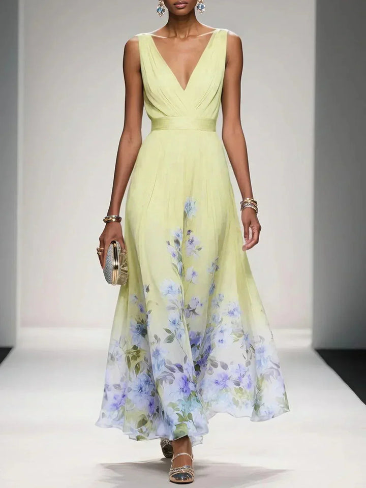 Zelda | Floral Print Deep V Neck Sleeveless A Line Formal Wedding Guest Maxi Dress