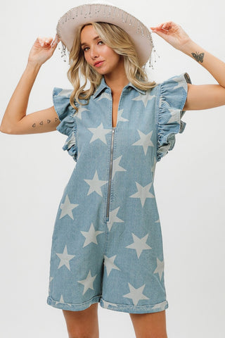 BiBi Ruffled Star Half Zip Denim Romper-Dresses-Grace & Blossom Boutique, a women's online fashion boutique located in Odessa, Florida