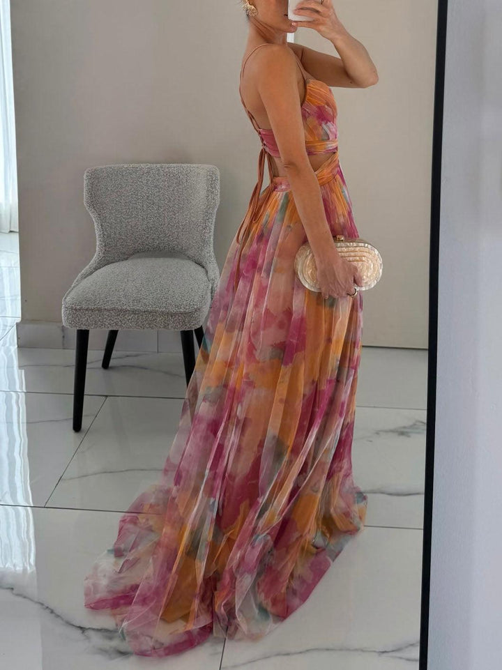 Lauren | Floral Print V Neck Crossover Waist A Line Maxi Dress