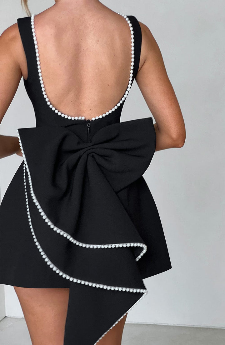Piper | Pearl Trim Bateau Neck Bow Back Structured Mini Dress