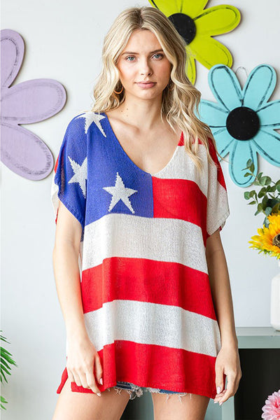 First Love Full Size USA Flag Drop Shoulder Knit Top-Tops-Grace & Blossom Boutique, a women's online fashion boutique located in Odessa, Florida