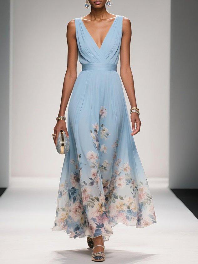 Zelda | Floral Print Deep V Neck Sleeveless A Line Formal Wedding Guest Maxi Dress