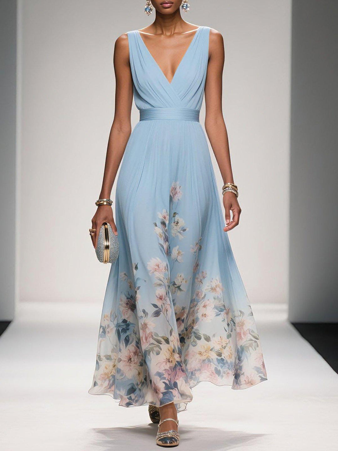 Zelda | Floral Print Deep V Neck Sleeveless A Line Formal Wedding Guest Maxi Dress