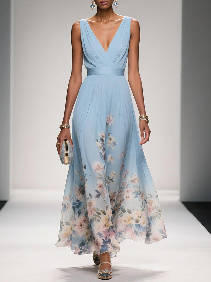Zelda | Floral Print Deep V Neck Sleeveless A Line Formal Wedding Guest Maxi Dress