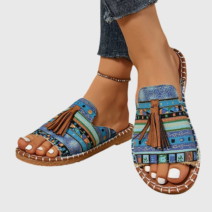 Yara | Ethnic Print Tassel Flat Open Toe Sandals