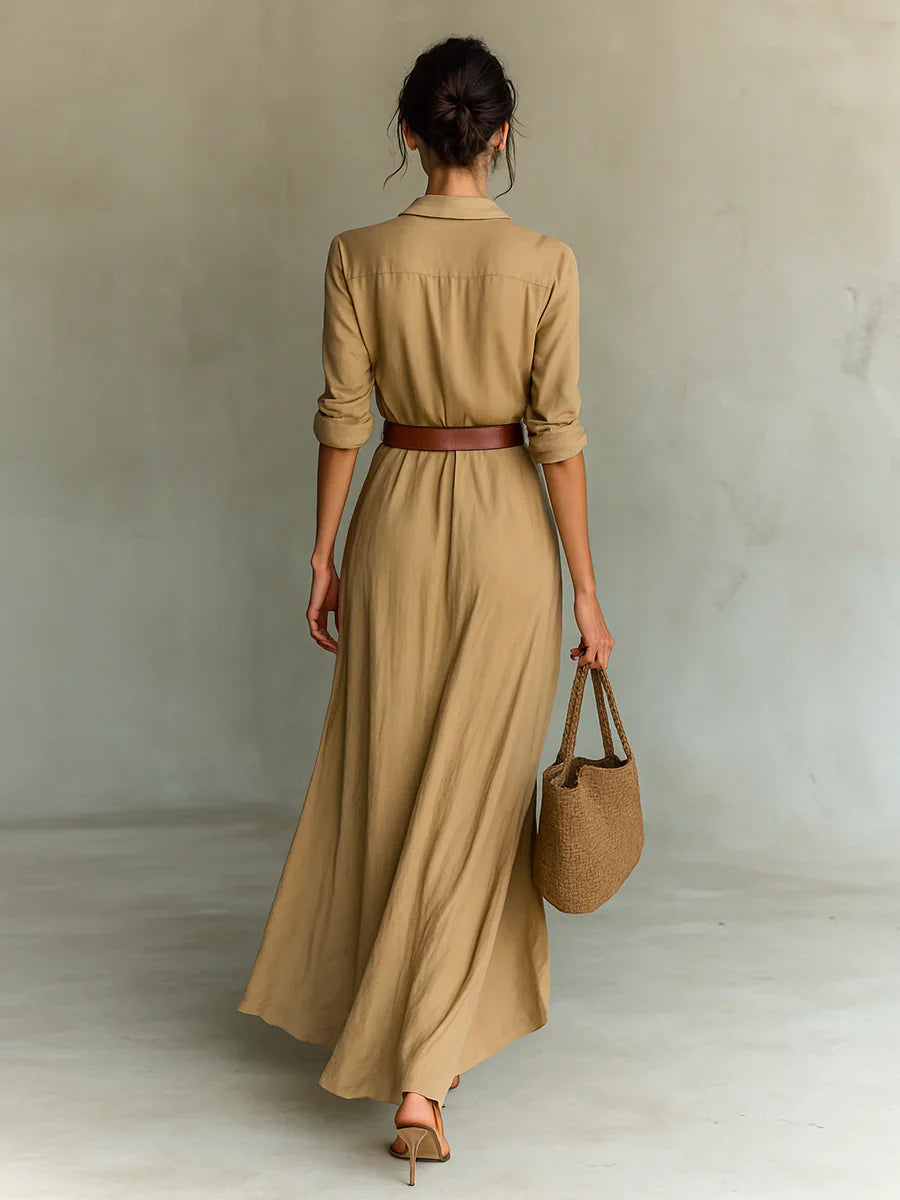 Rafaela | Collared Button Down Long Sleeve Belted Draped Maxi Dress