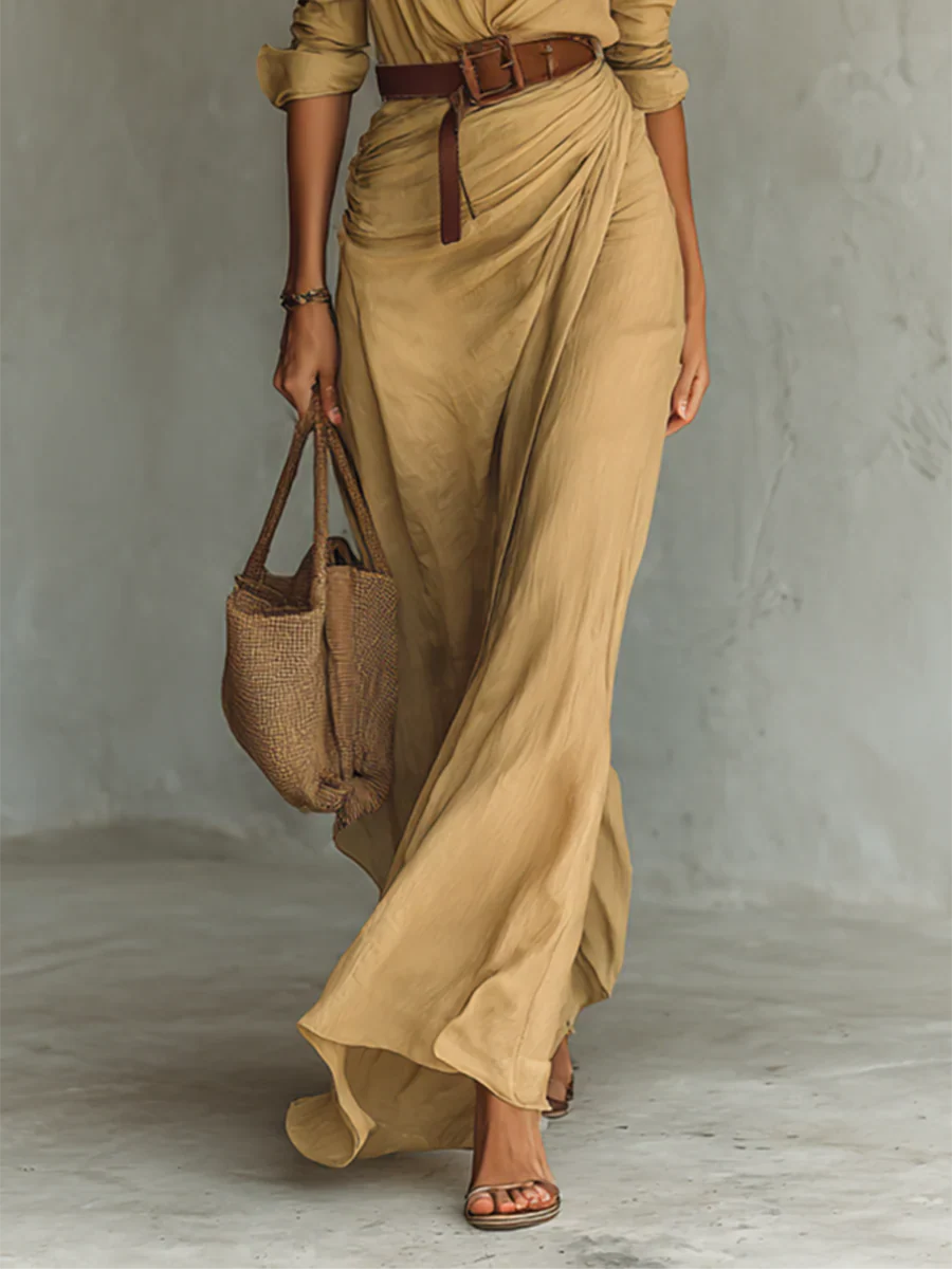 Rafaela | Collared Button Down Long Sleeve Belted Draped Maxi Dress