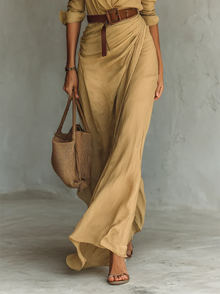 Rafaela | Collared Button Down Long Sleeve Belted Draped Maxi Dress