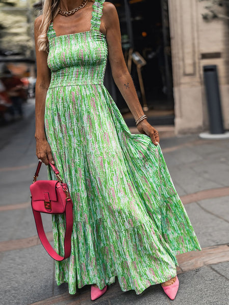 Smocked Printed Square Neck Sleeveless Dress-Dresses-Grace & Blossom Boutique, a women's online fashion boutique located in Odessa, Florida