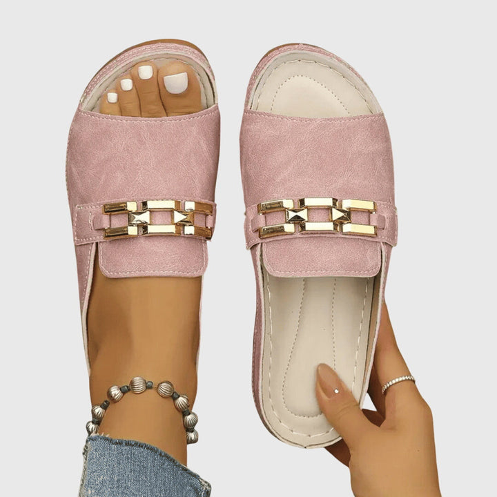 Ingrid | Gold Hardware Wide Band Suede Slip On Mules