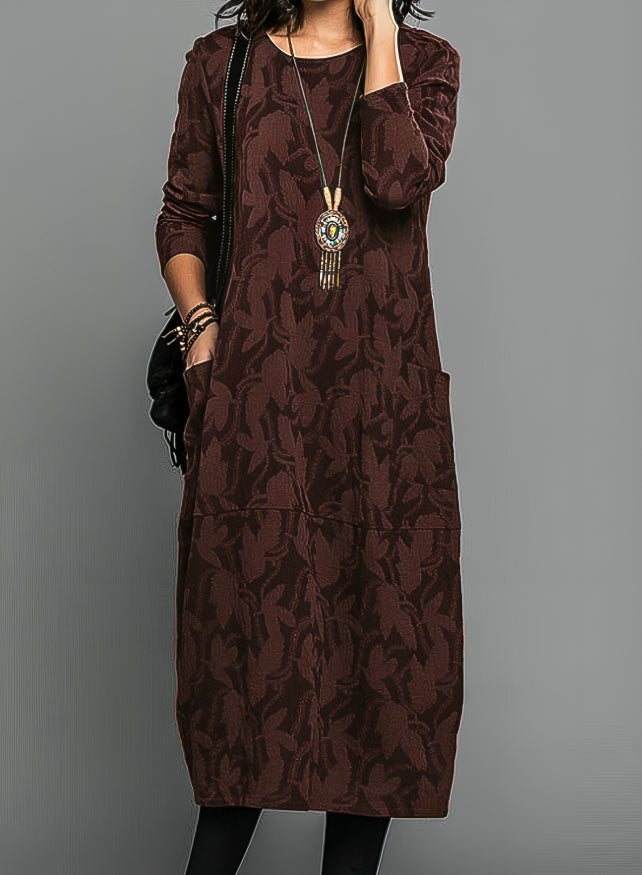 Uma | Jacquard Floral Print Round Neck Long Sleeve Pocket Maxi Dress
