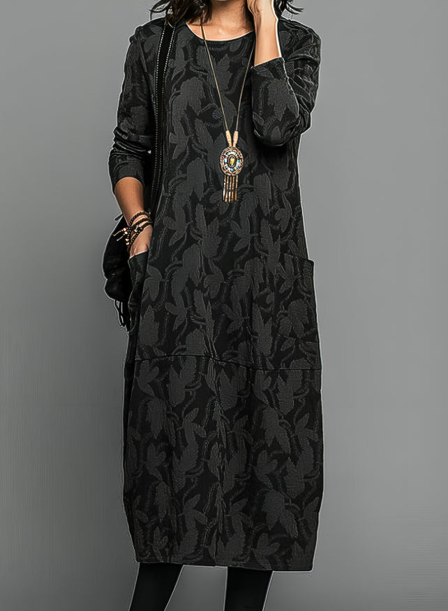 Uma | Jacquard Floral Print Round Neck Long Sleeve Pocket Maxi Dress