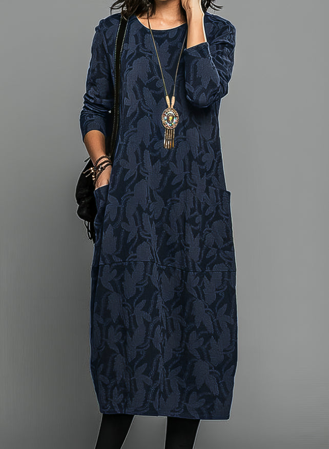 Uma | Jacquard Floral Print Round Neck Long Sleeve Pocket Maxi Dress