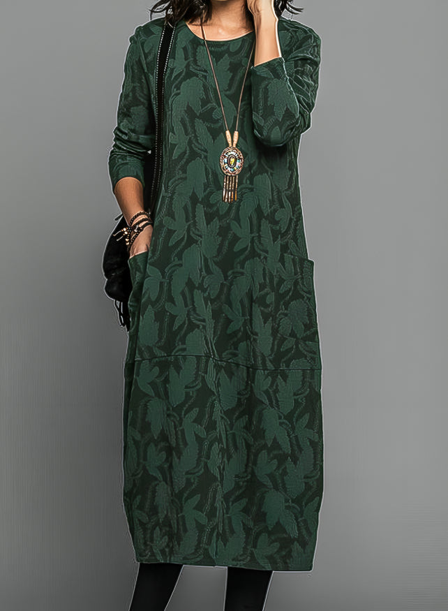 Uma | Jacquard Floral Print Round Neck Long Sleeve Pocket Maxi Dress