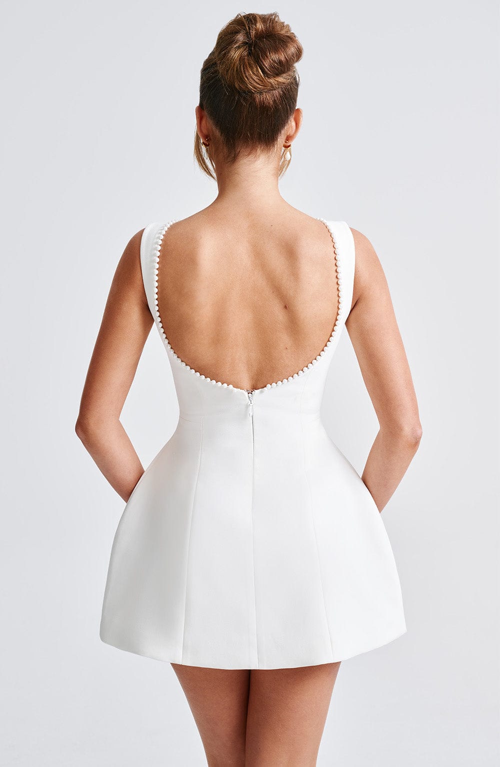 Piper | Pearl Trim Bateau Neck Bow Back Structured Mini Dress