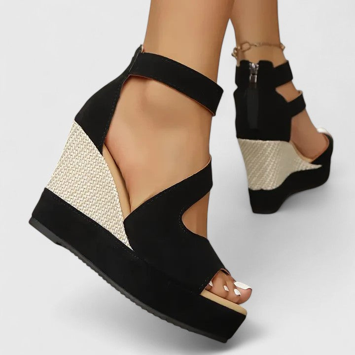 Ingrid | Black Suede Double Strap Espadrille Wedge Sandals