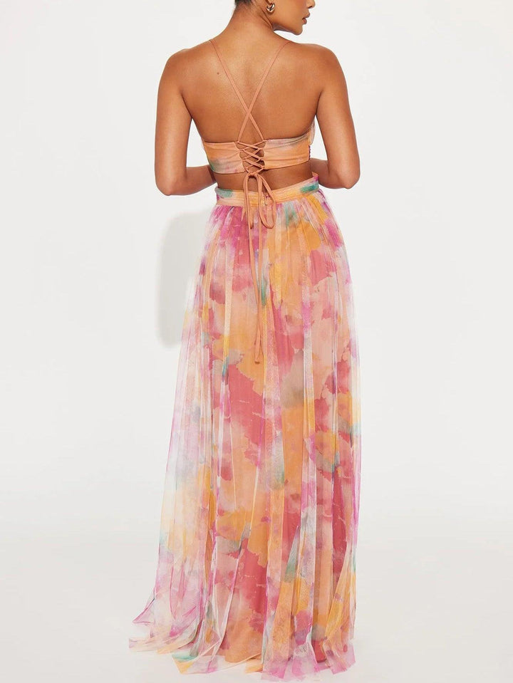 Lauren | Floral Print V Neck Crossover Waist A Line Maxi Dress