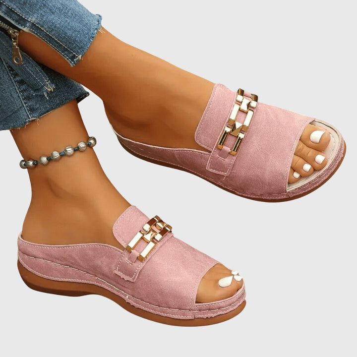 Ingrid | Gold Hardware Wide Band Suede Slip On Mules