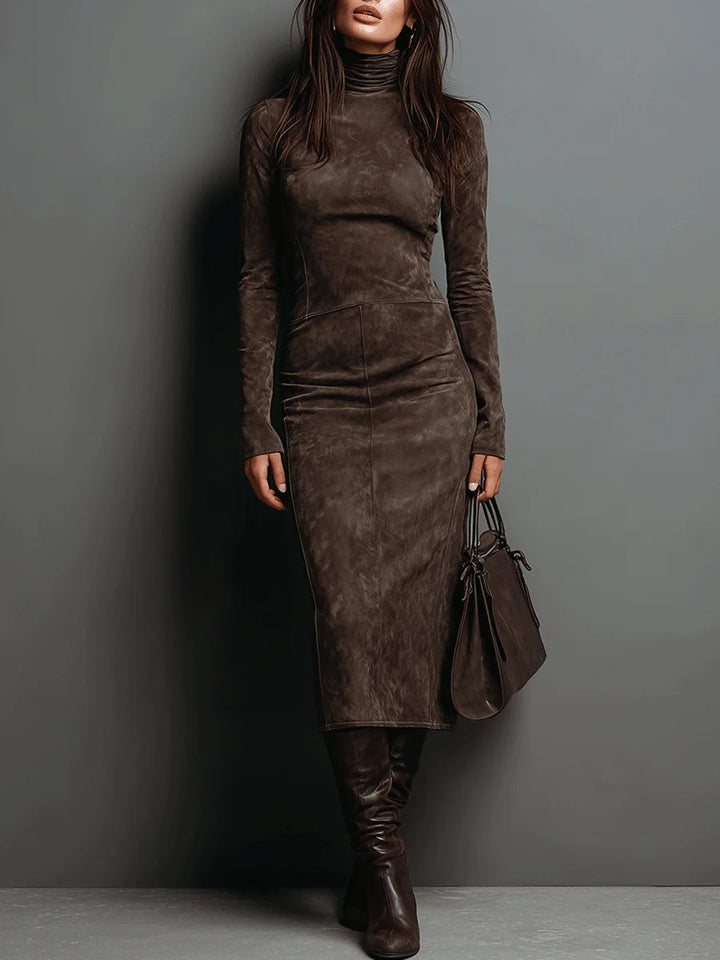 Xena | Suede Turtleneck Long Sleeve Body-Con Midi Dress
