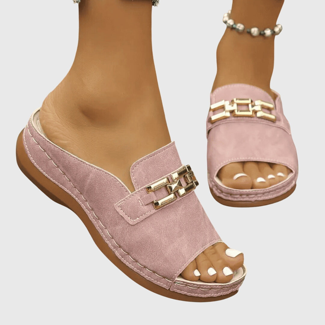 Ingrid | Gold Hardware Wide Band Suede Slip On Mules