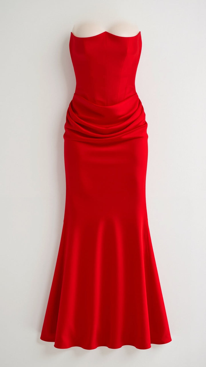 Maya | Strapless Ruched Satin Column Formal Maxi Dress