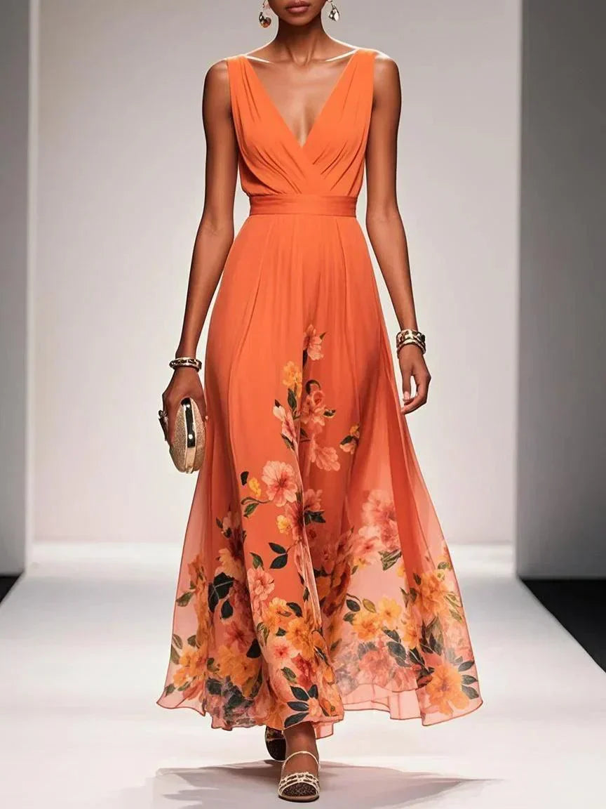 Zelda | Floral Print Deep V Neck Sleeveless A Line Formal Wedding Guest Maxi Dress