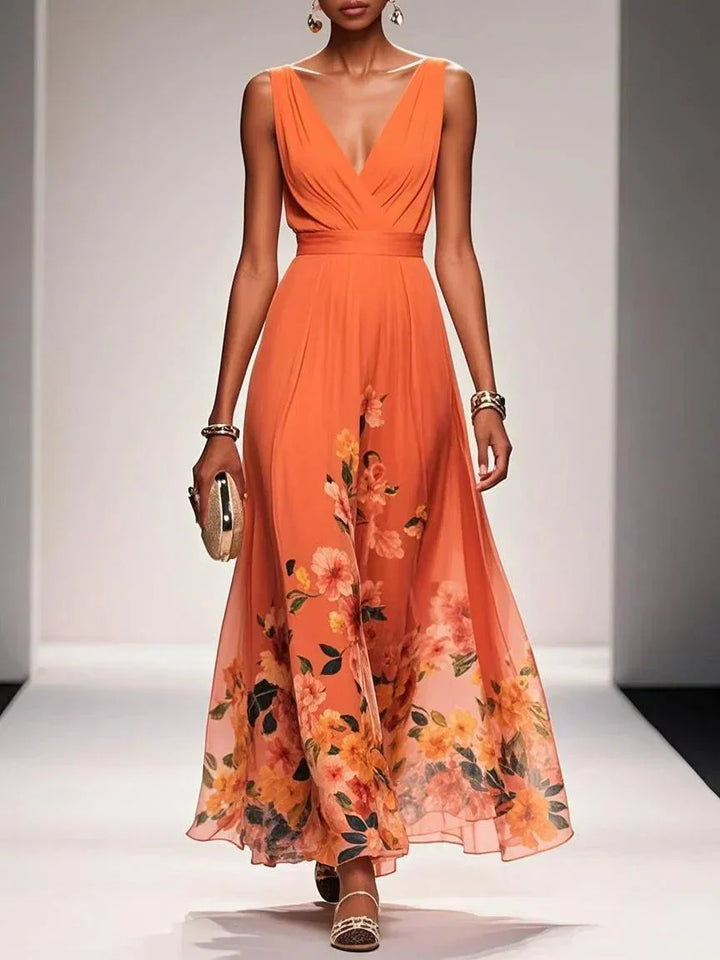 Zelda | Floral Print Deep V Neck Sleeveless A Line Formal Wedding Guest Maxi Dress