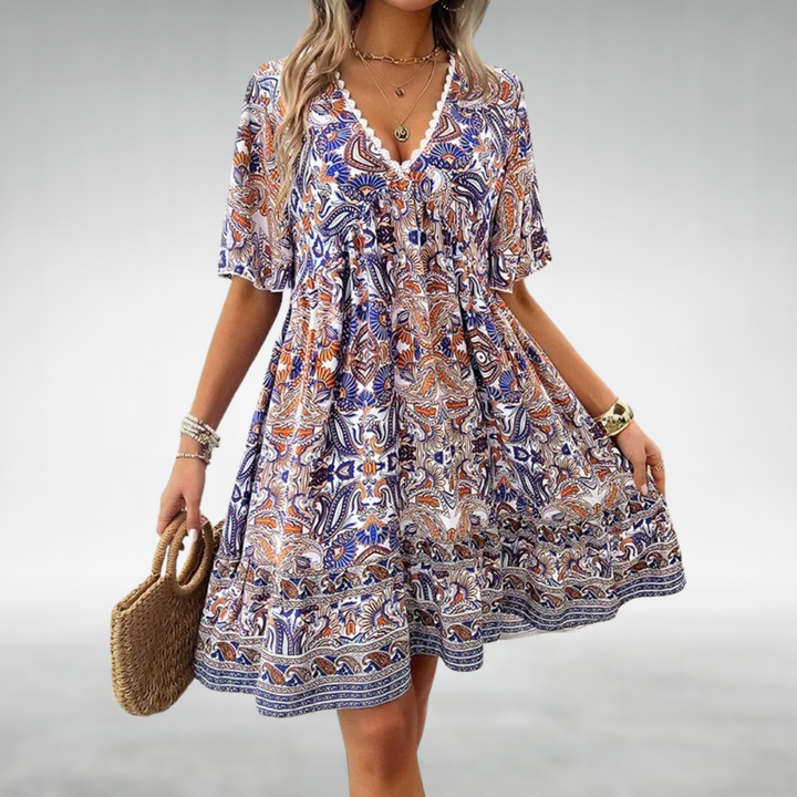 Ivy | Paisley Print V Neck Short Sleeve Tiered Swing Mini Dress