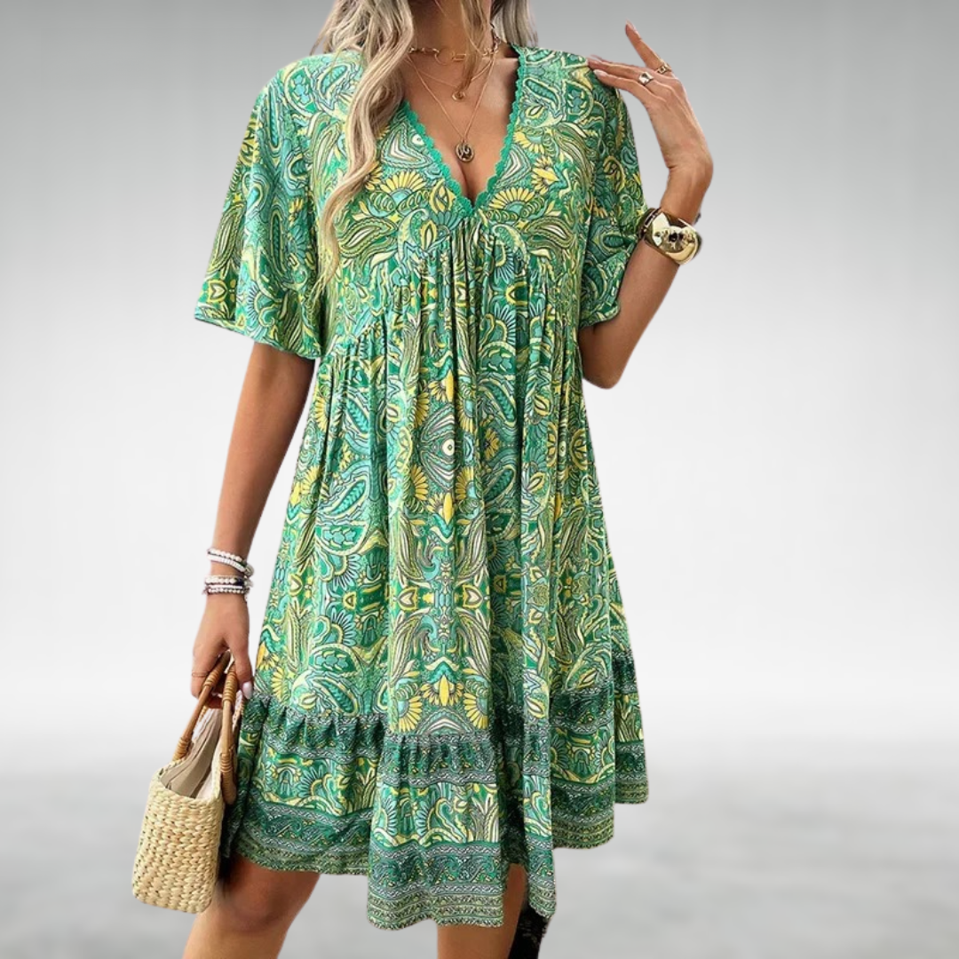 Ivy | Paisley Print V Neck Short Sleeve Tiered Swing Mini Dress