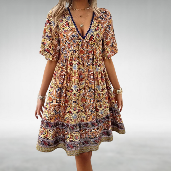 Ivy | Paisley Print V Neck Short Sleeve Tiered Swing Mini Dress