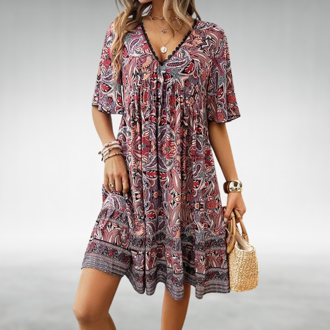 Ivy | Paisley Print V Neck Short Sleeve Tiered Swing Mini Dress