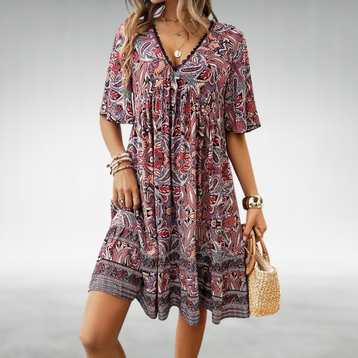 Ivy | Paisley Print V Neck Short Sleeve Tiered Swing Mini Dress