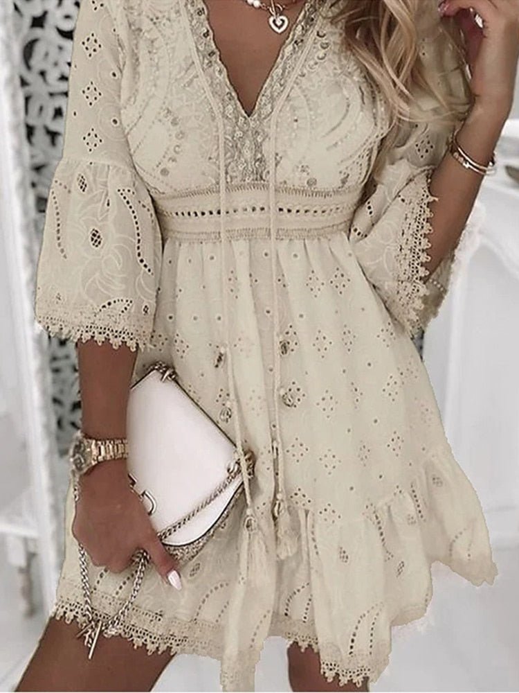Serena | Eyelet Lace Bell Sleeve V Neck Mini Dress