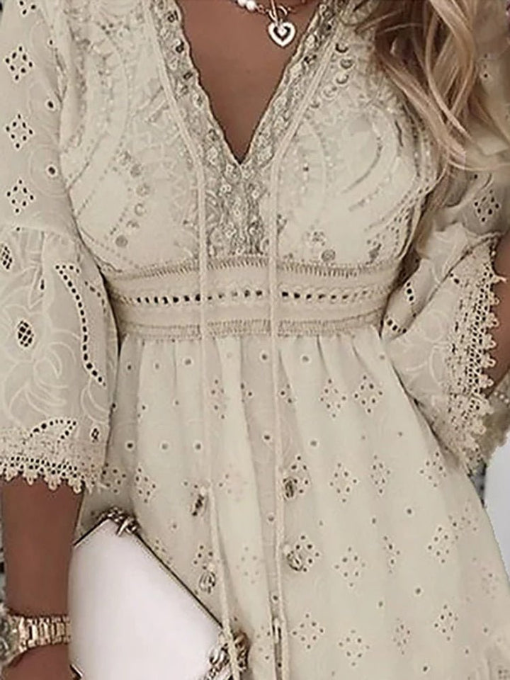 Serena | Eyelet Lace Bell Sleeve V Neck Mini Dress