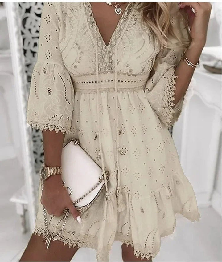 Serena | Eyelet Lace Bell Sleeve V Neck Mini Dress