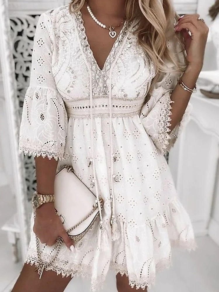 Serena | Eyelet Lace Bell Sleeve V Neck Mini Dress