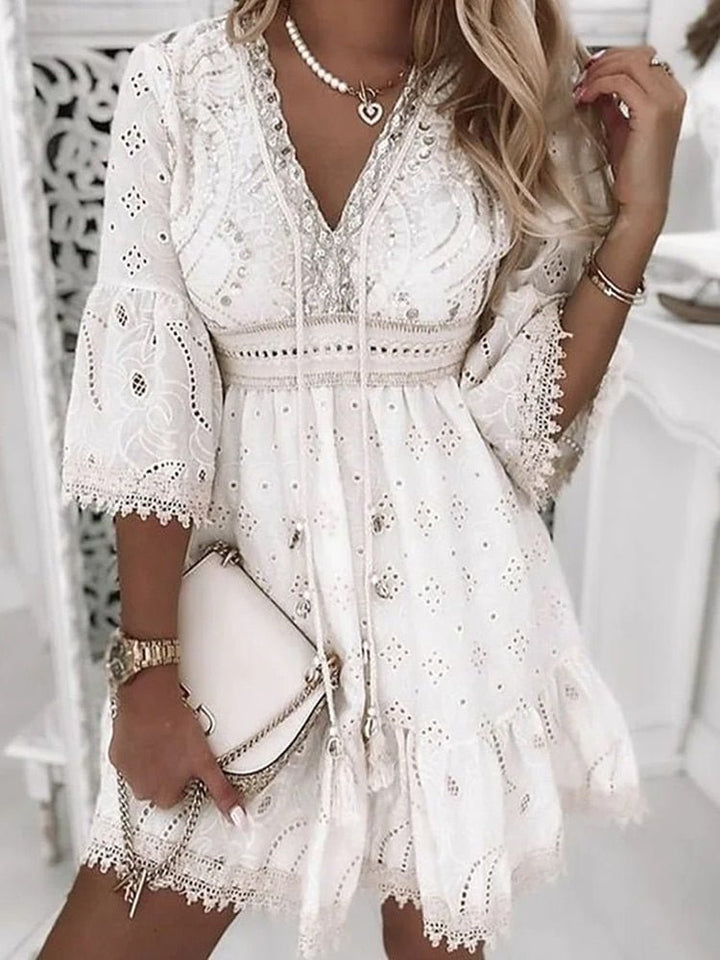 Serena | Eyelet Lace Bell Sleeve V Neck Mini Dress