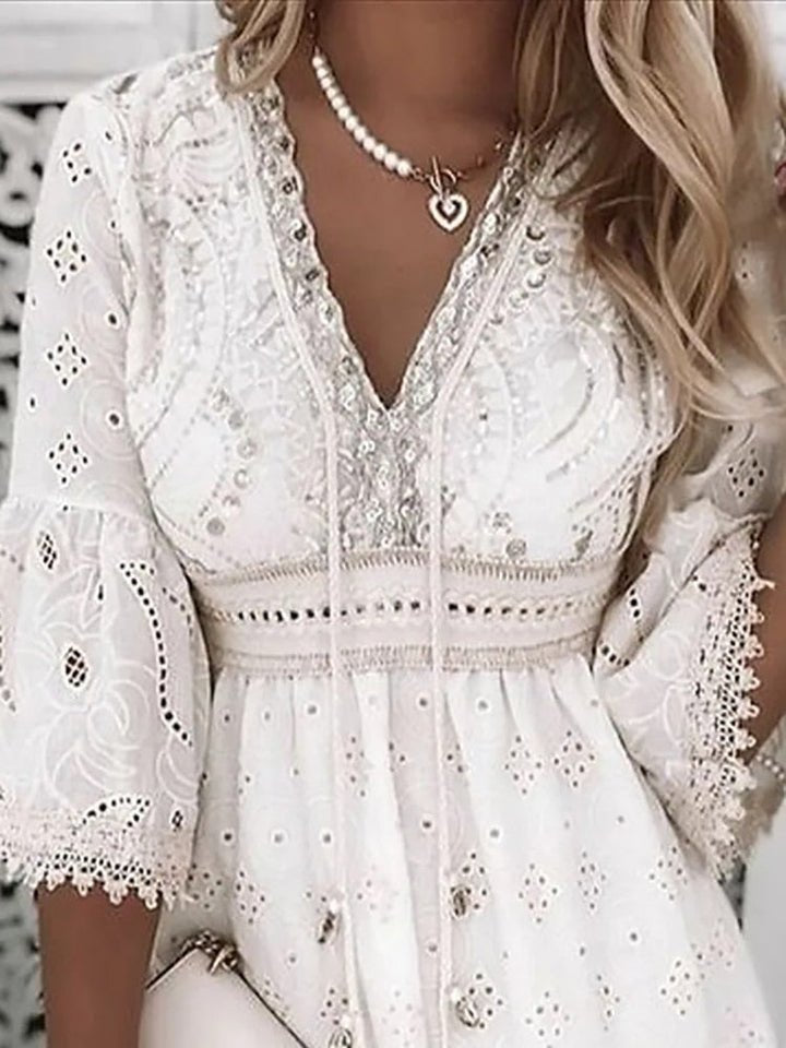 Serena | Eyelet Lace Bell Sleeve V Neck Mini Dress