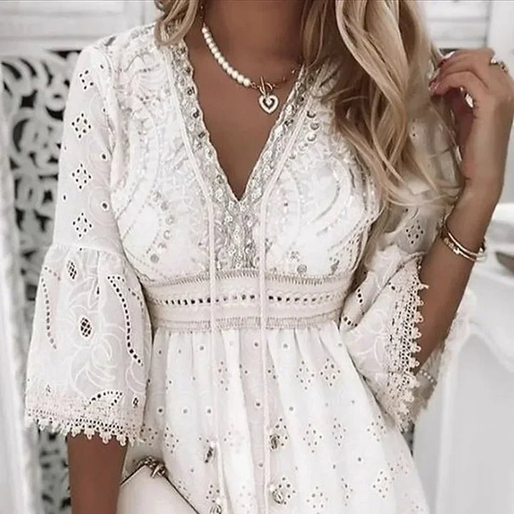 Serena | Eyelet Lace Bell Sleeve V Neck Mini Dress