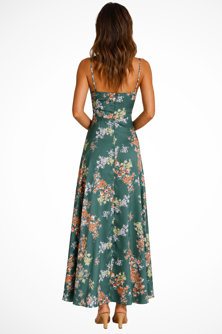 Viveca | Floral Satin Tie Front Cutout Spaghetti Strap Maxi Dress