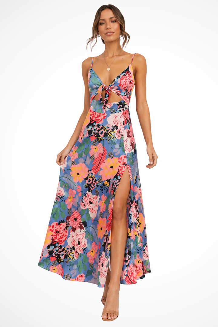 Viveca | Floral Satin Tie Front Cutout Spaghetti Strap Maxi Dress