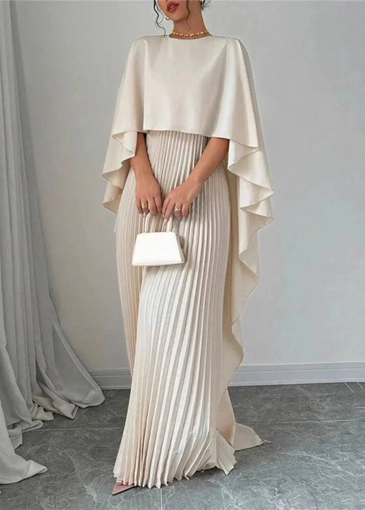 Leila | Cape Overlay Pleated Skirt Formal Wedding Guest Maxi Dress