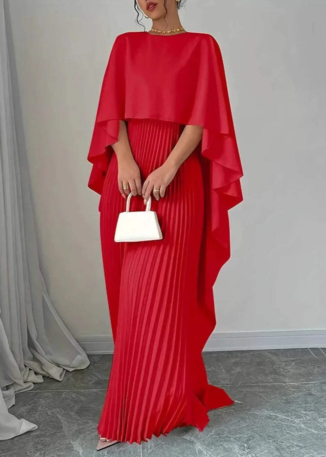 Leila | Cape Overlay Pleated Skirt Formal Wedding Guest Maxi Dress