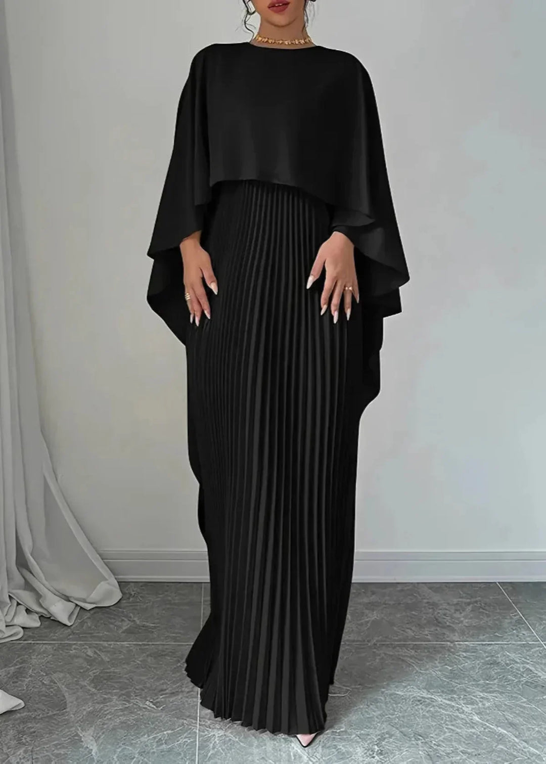 Leila | Cape Overlay Pleated Skirt Formal Wedding Guest Maxi Dress