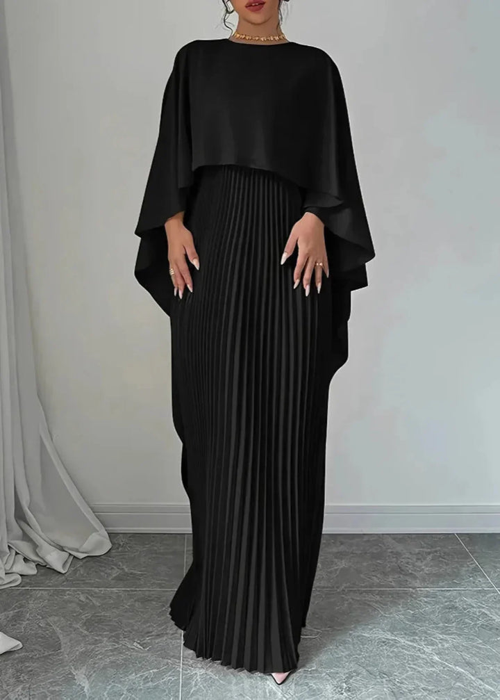 Leila | Cape Overlay Pleated Skirt Formal Wedding Guest Maxi Dress