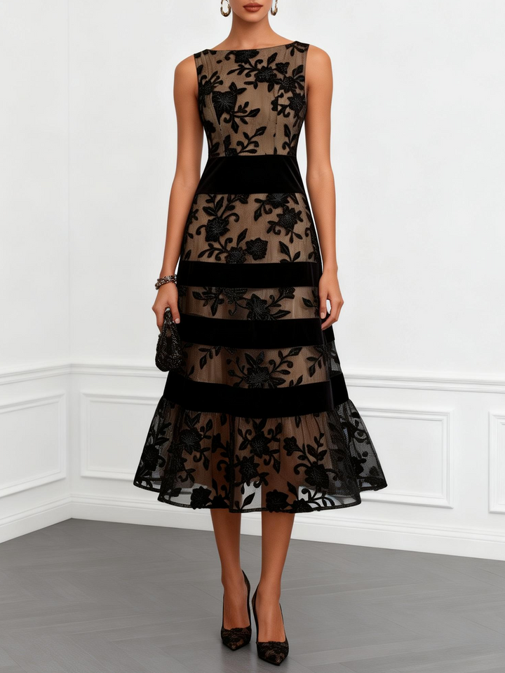 Marcheline | Black Mesh Floral Embroidered Velvet Band Sleeveless A-Line Midi Dress