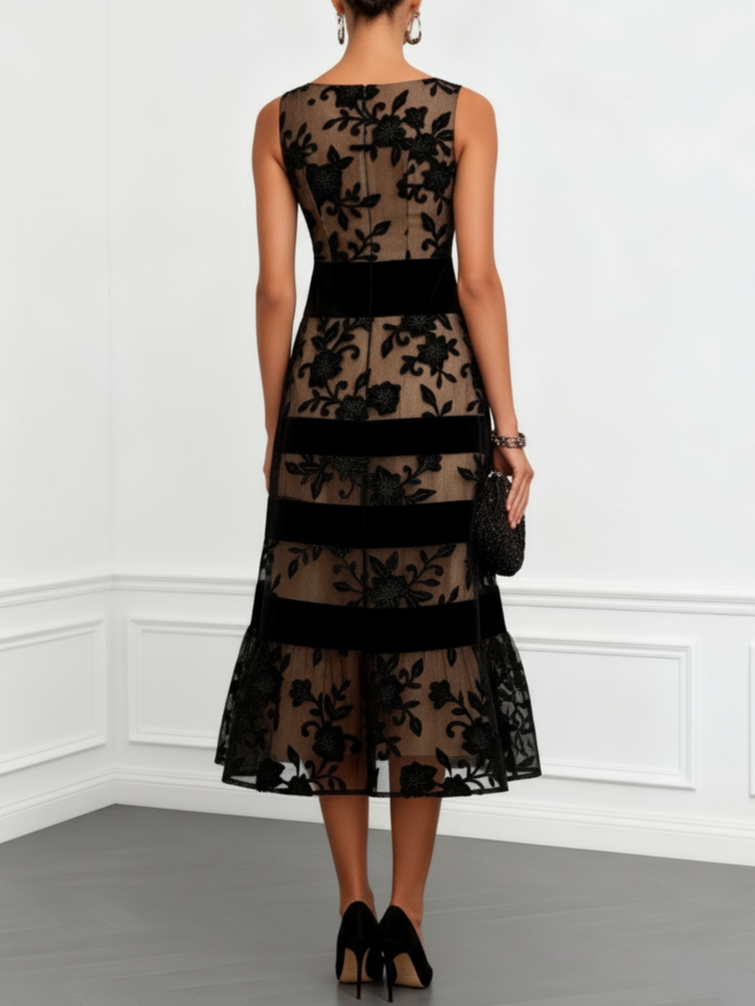Marcheline | Black Mesh Floral Embroidered Velvet Band Sleeveless A-Line Midi Dress