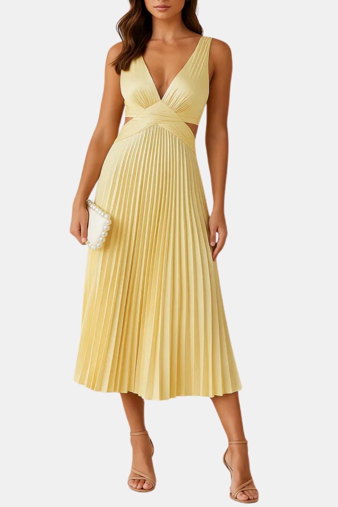 Zoe | V Neck Crossover Waist Cutout Pleated Midi Dress
