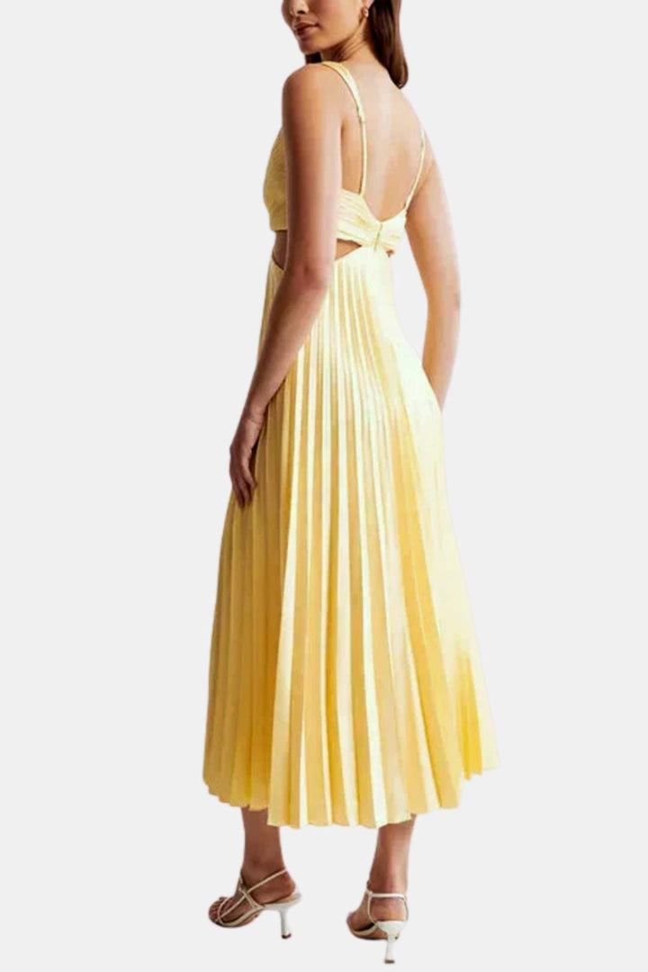 Zoe | V Neck Crossover Waist Cutout Pleated Midi Dress